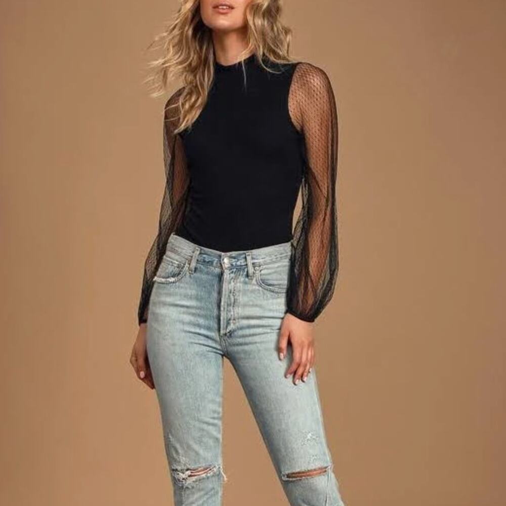 Lulu's Try To Keep Up Black Balloon Mesh Sleeve Mock Neck Top Medium